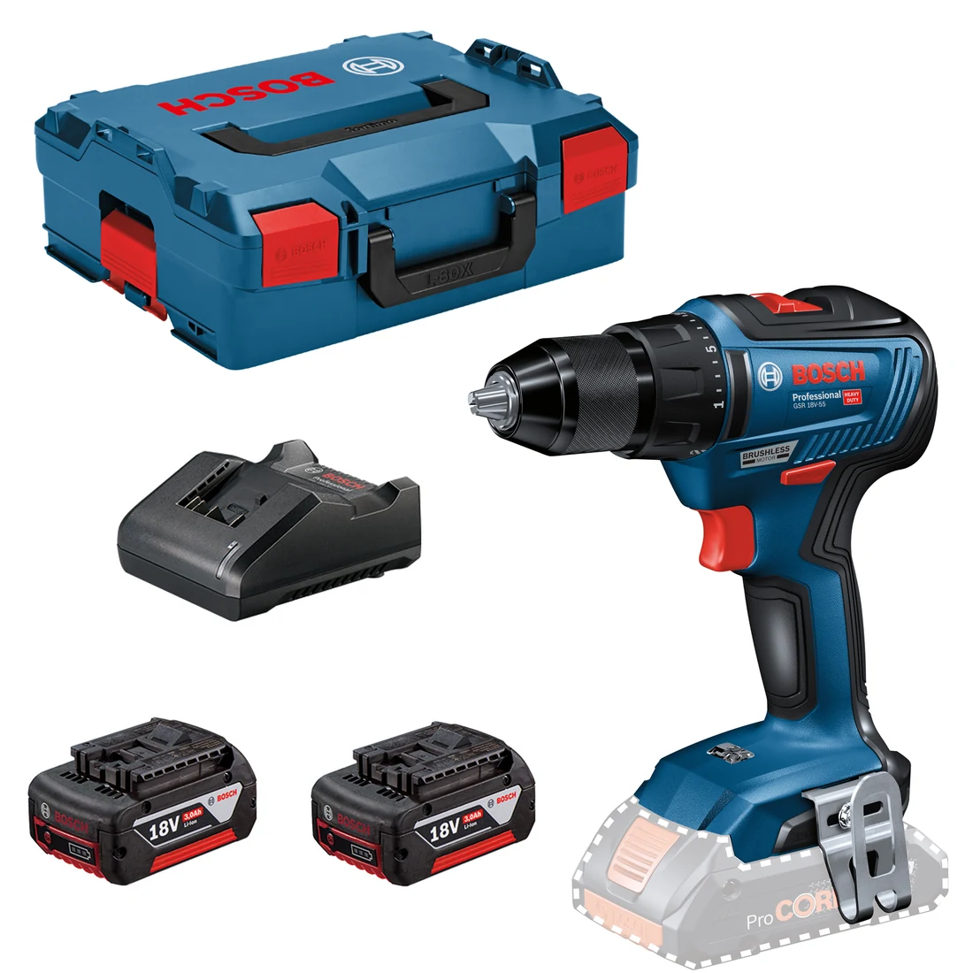 Pack GSR 18V-55 avec deux batteries 3 Ah et chargeur